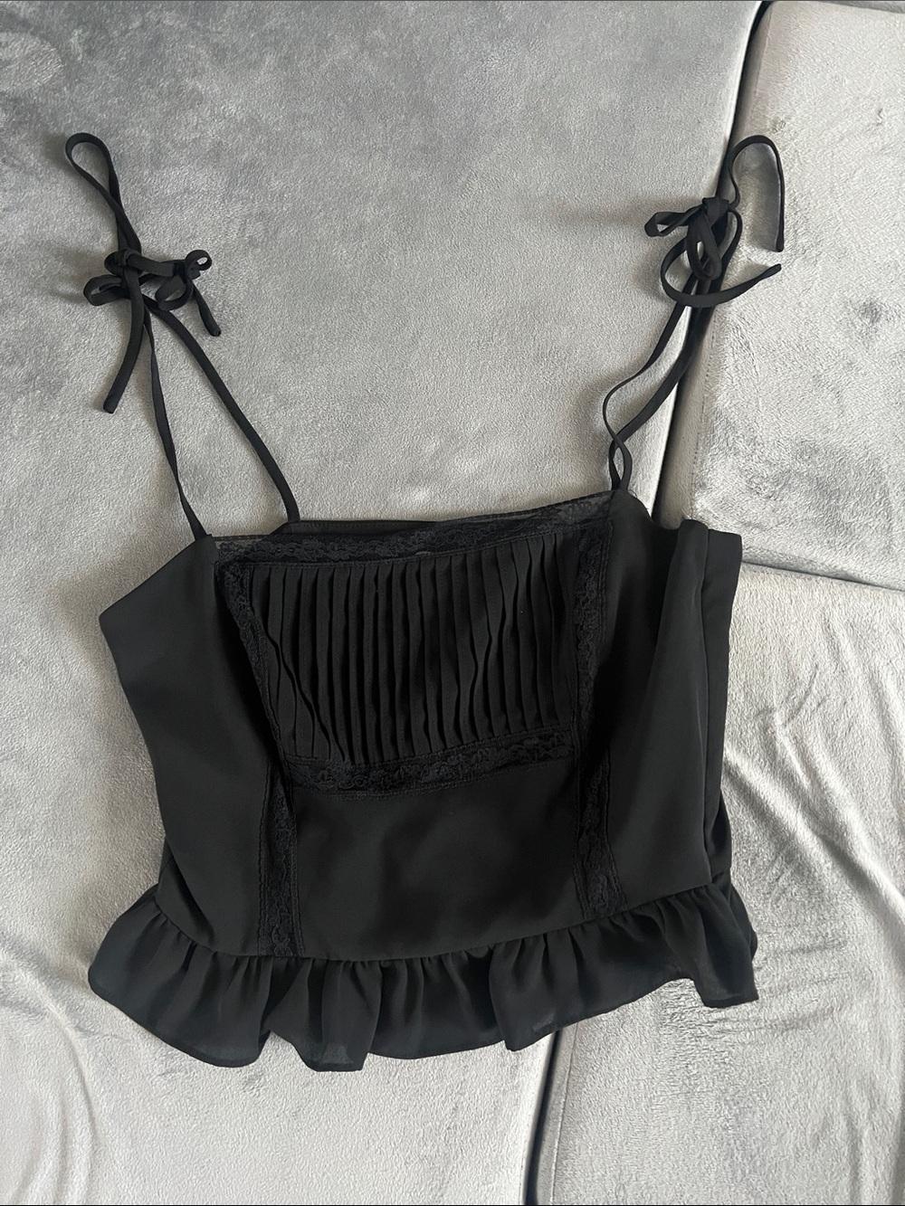 Gianni Bini Black Pleated Ruffle Cami with Tie Straps